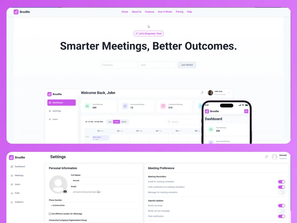 Broollie marketing homepage and account settings with meeting preferences