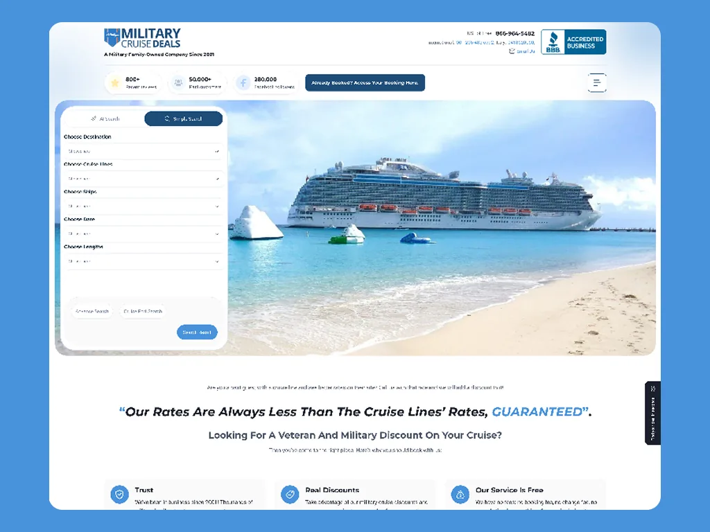 Military Cruise Deals homepage with the cruise search panel