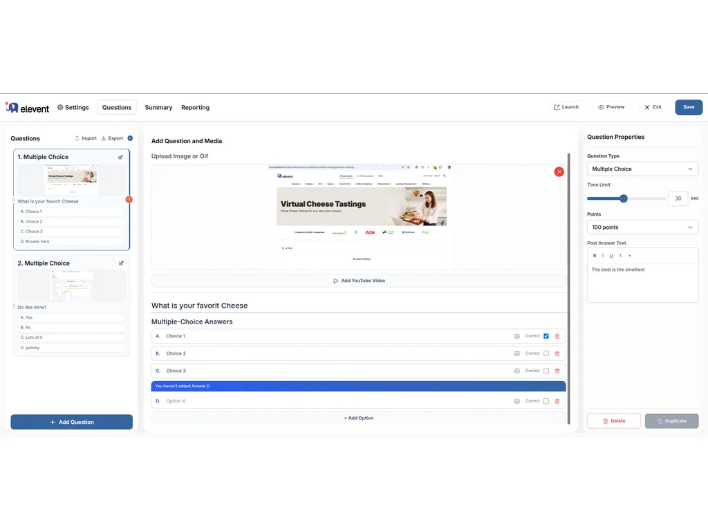 Elevent question editor with media upload, timing, and scoring properties