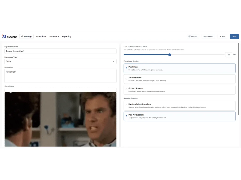 Elevent experience settings — point mode, survivor mode, and question selection