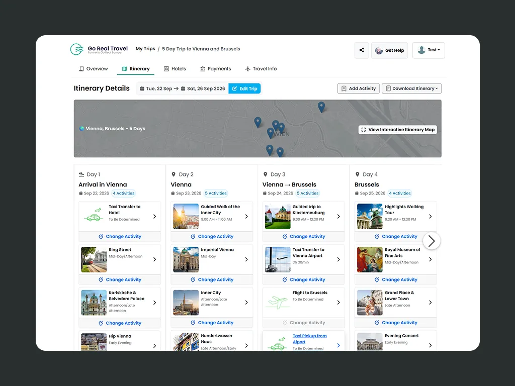 Go Real Travel day-by-day itinerary builder with an interactive map