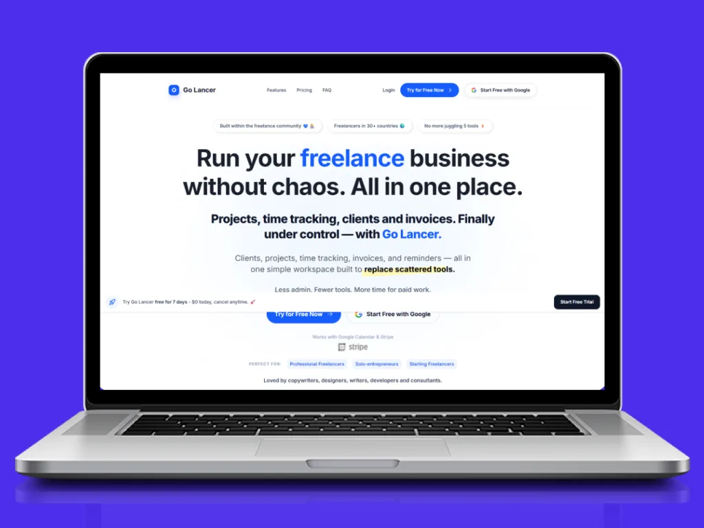 Go Lancer landing page for running a freelance business in one place