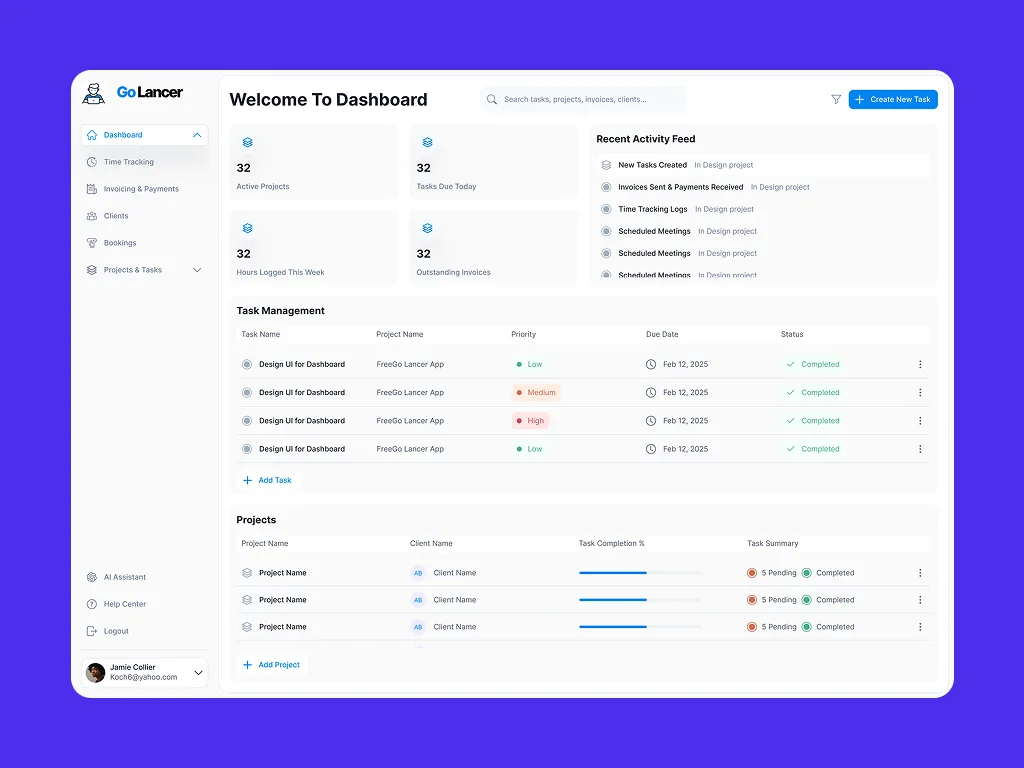 Go Lancer dashboard with active projects, tasks and activity feed