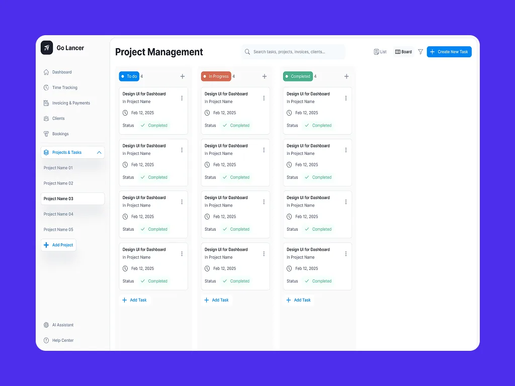 Go Lancer project board with to-do, in-progress and completed tasks