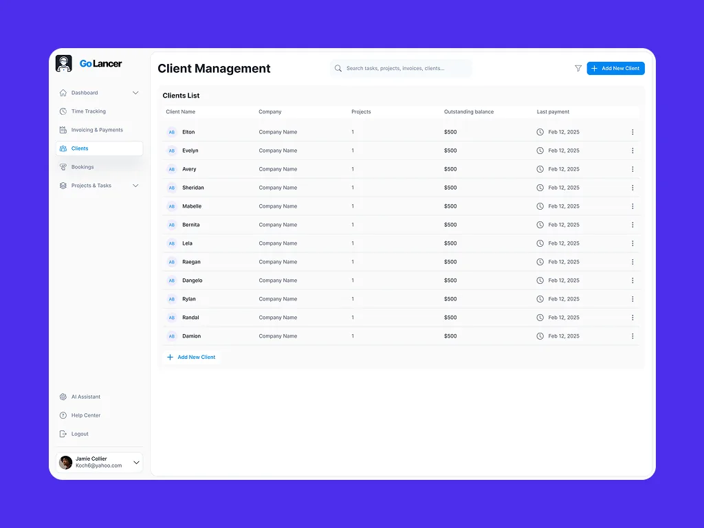 Go Lancer client management with outstanding balances