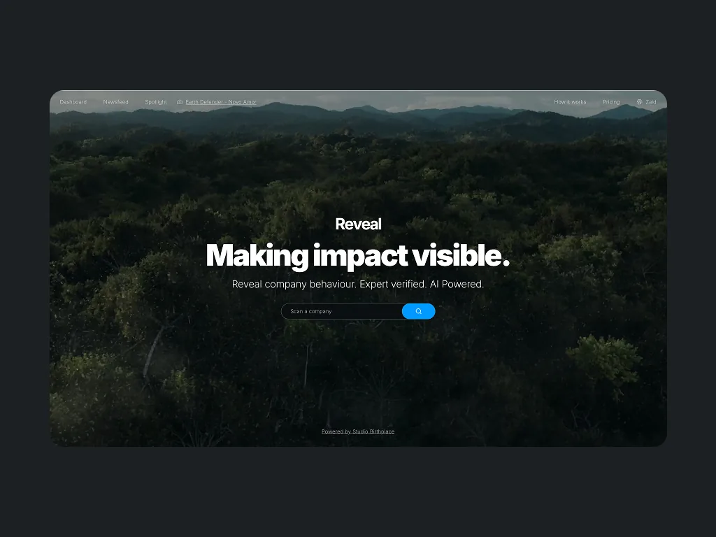 Reveal landing page — scan a company for verified sustainability behaviour