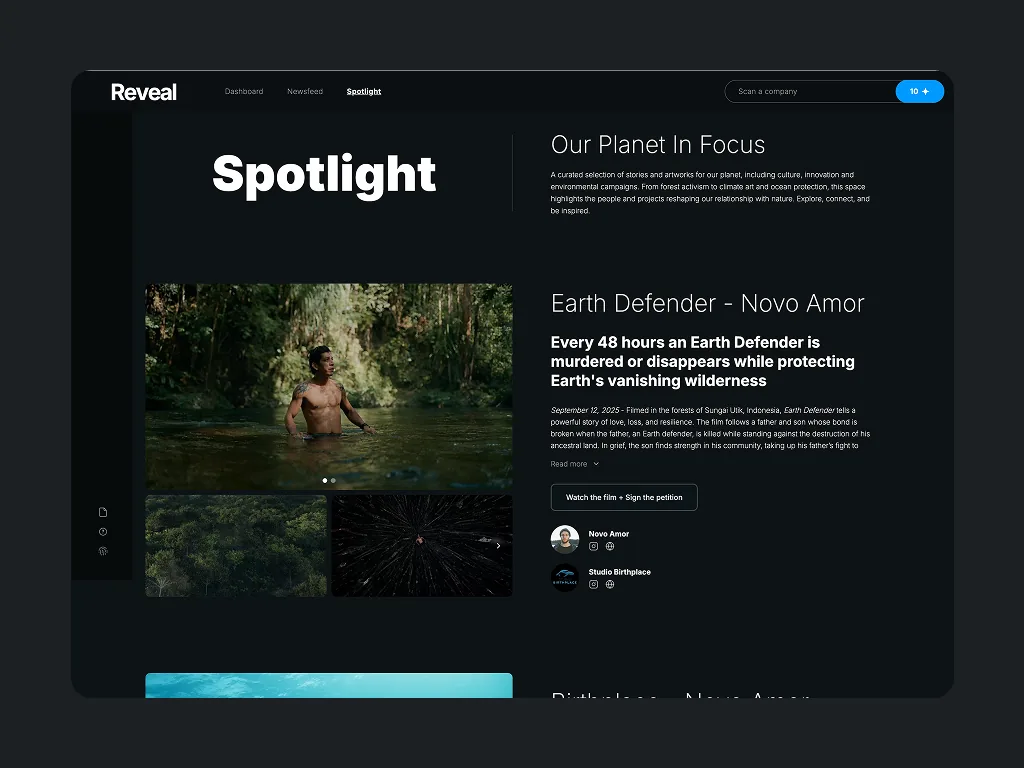 Reveal spotlight page featuring environmental stories and campaigns