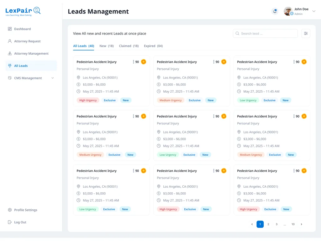 Lexpair leads management with new, claimed, and expired lead tabs