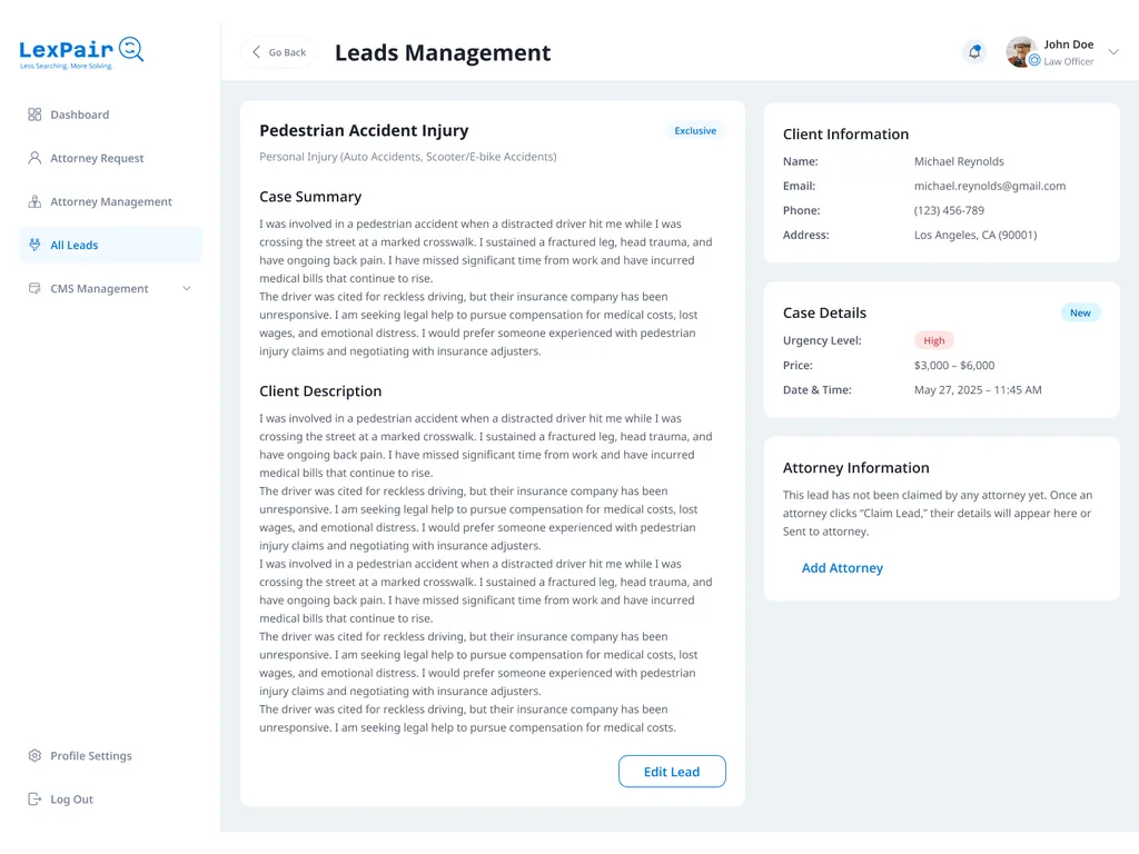 Lexpair lead detail with case summary, client information, and urgency