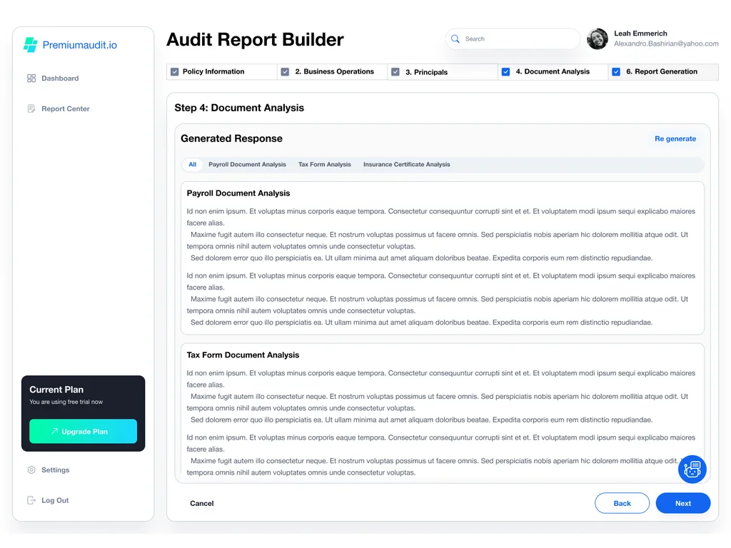 PremiumAudit.io document analysis step with AI-generated payroll and tax form summaries