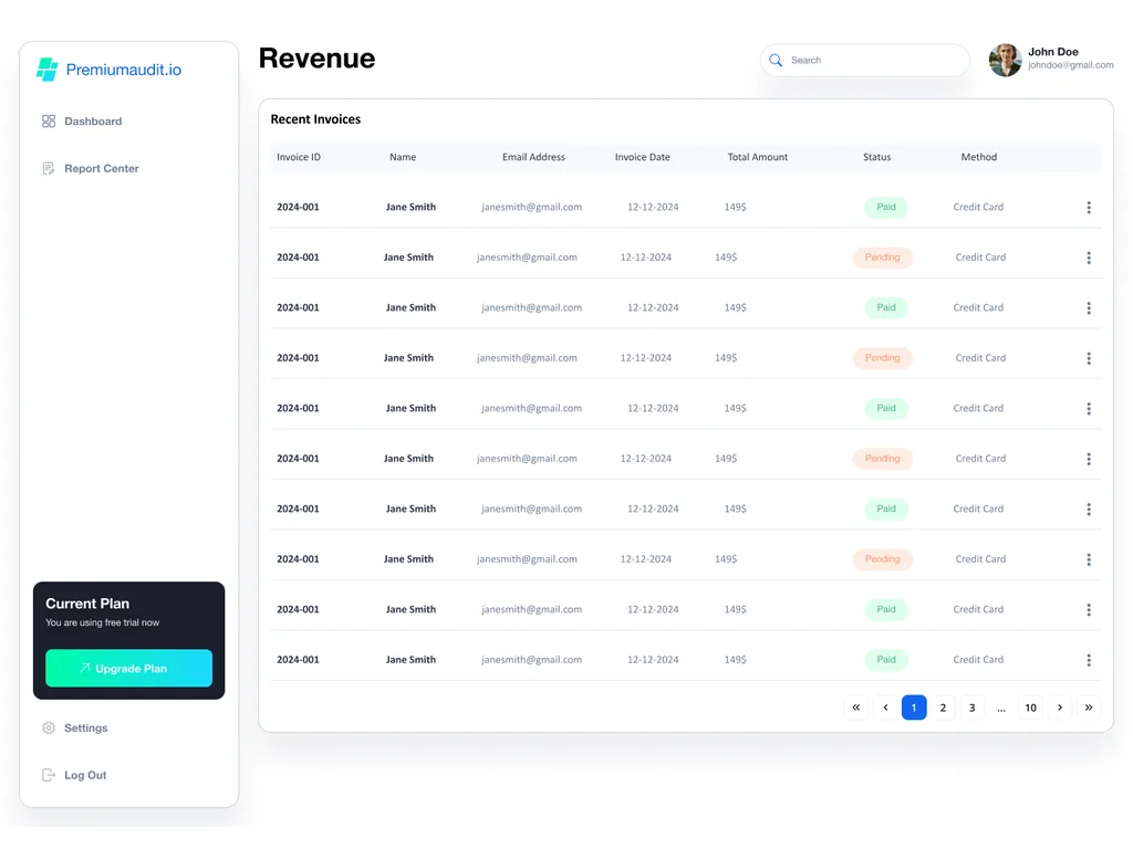 PremiumAudit.io revenue view with recent invoices and payment status