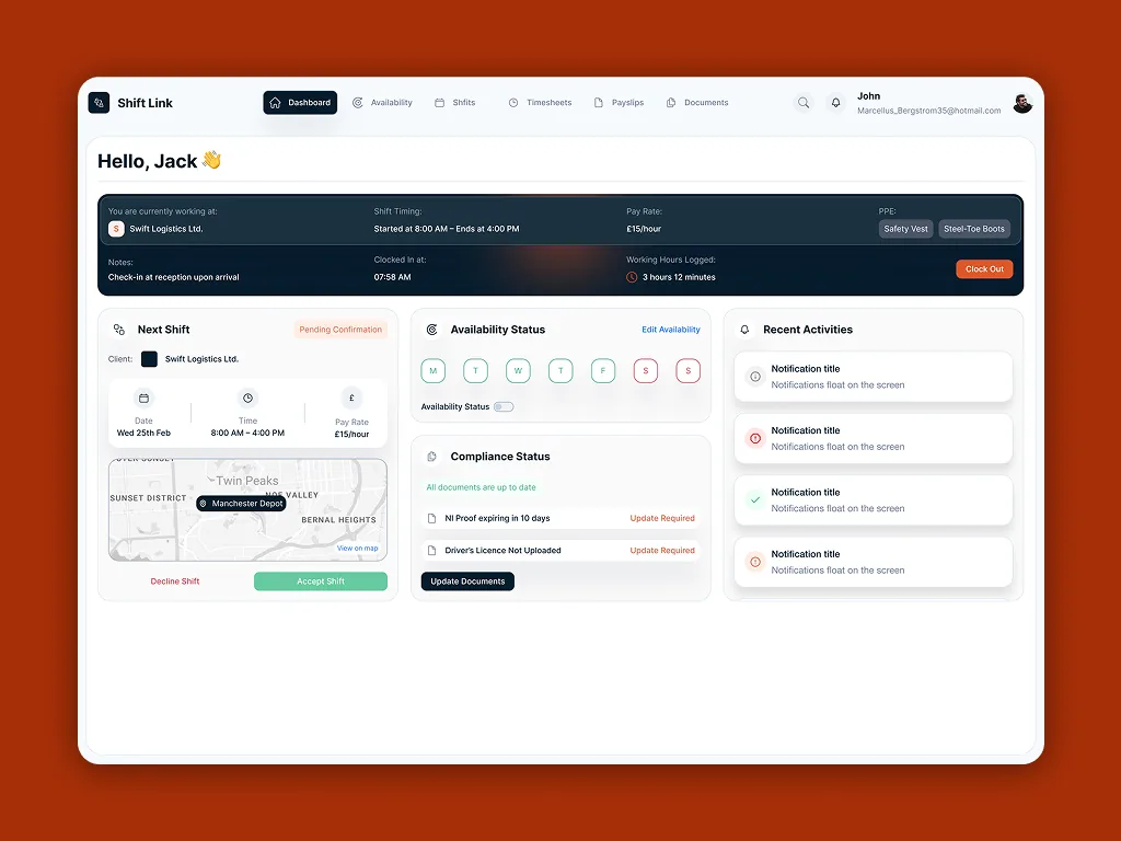 Shift Link worker dashboard with next shift, availability and compliance status