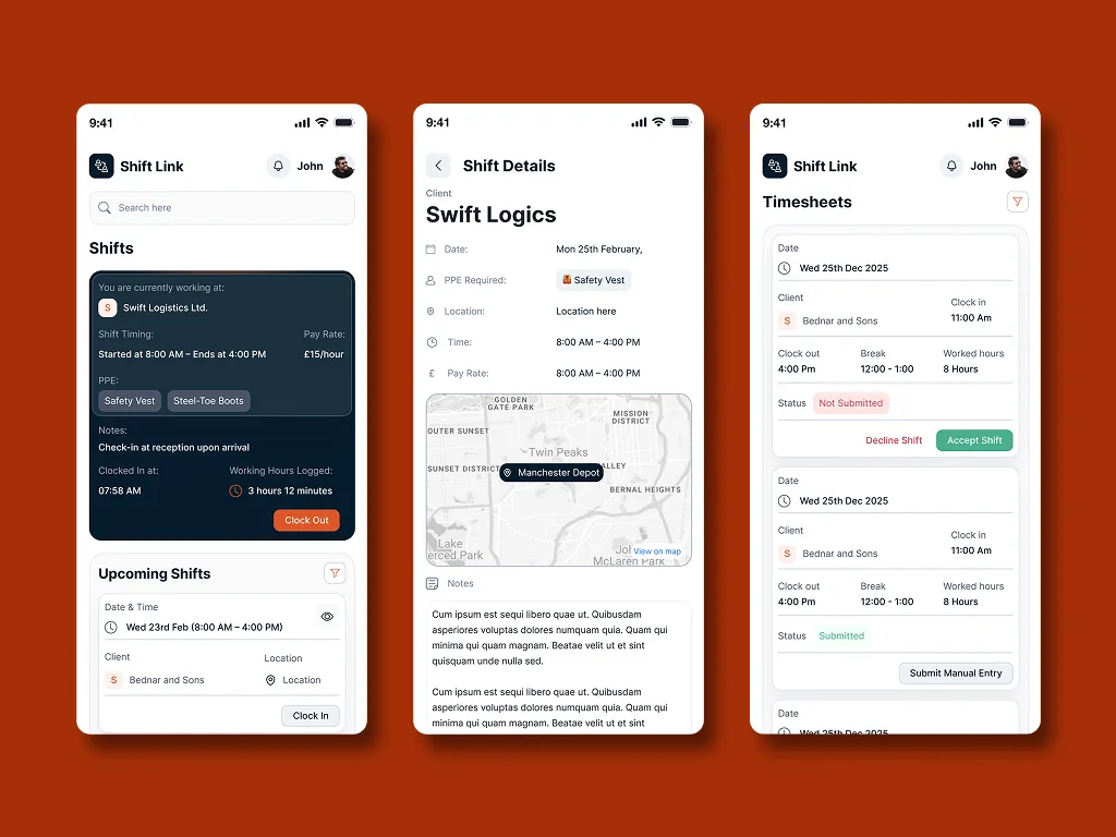 Shift Link mobile app — shifts, shift details and timesheets