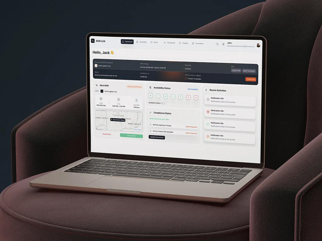 Shift Link worker dashboard on a laptop