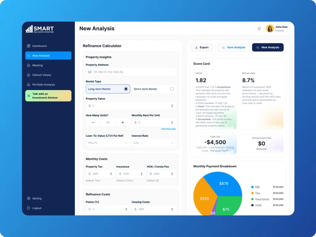SmartREI refinance calculator with DSCR and ROI scorecard