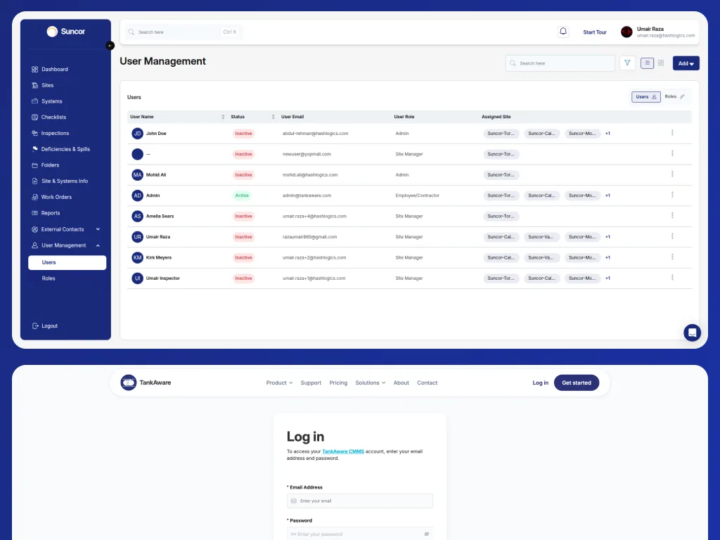 TankAware role-based user management across sites
