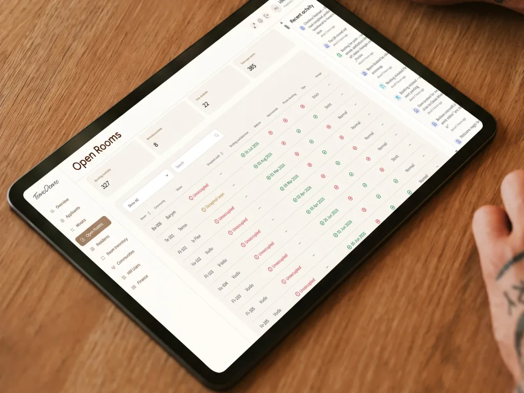 TomoDomo open rooms availability grid on a tablet