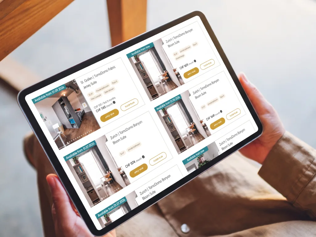TomoDomo public room listings with pricing and floor plans