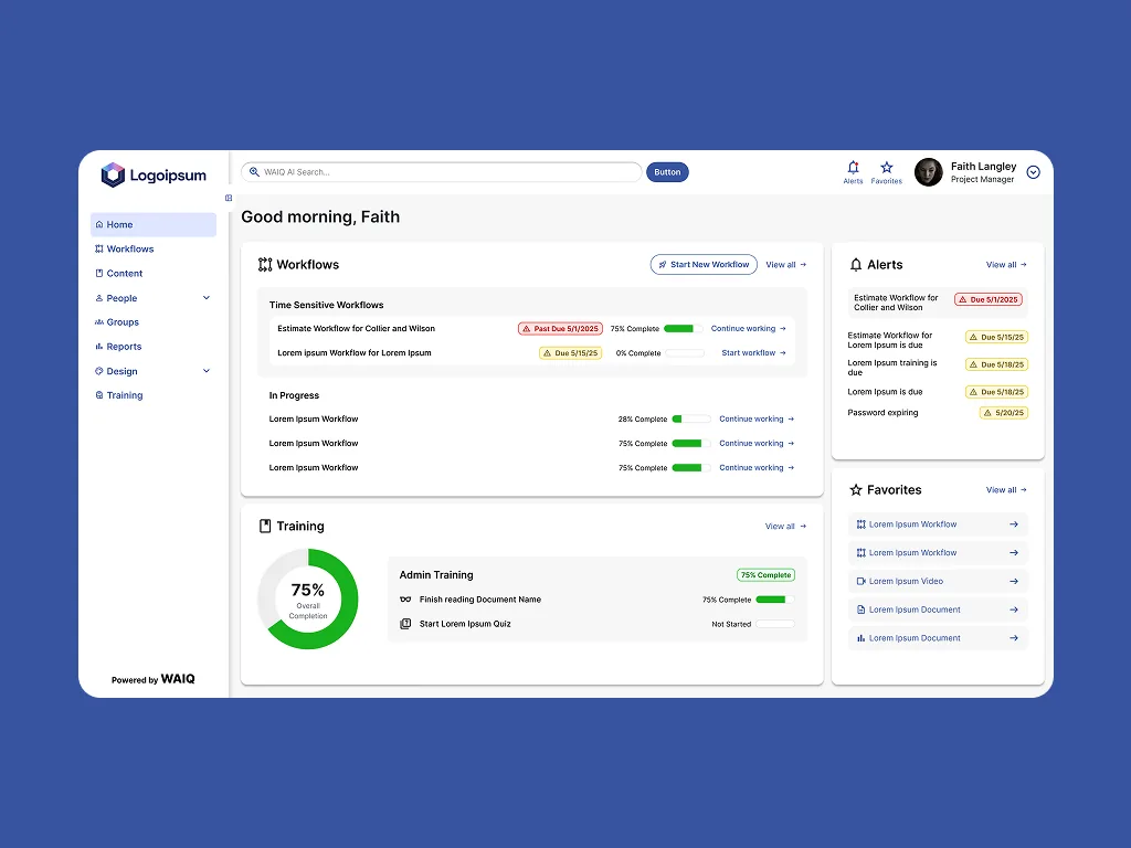 WAIQ home dashboard with workflows, alerts and training progress