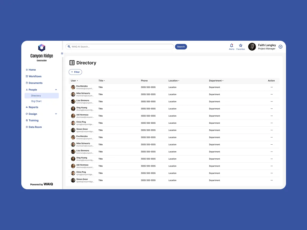 WAIQ company directory with roles and departments