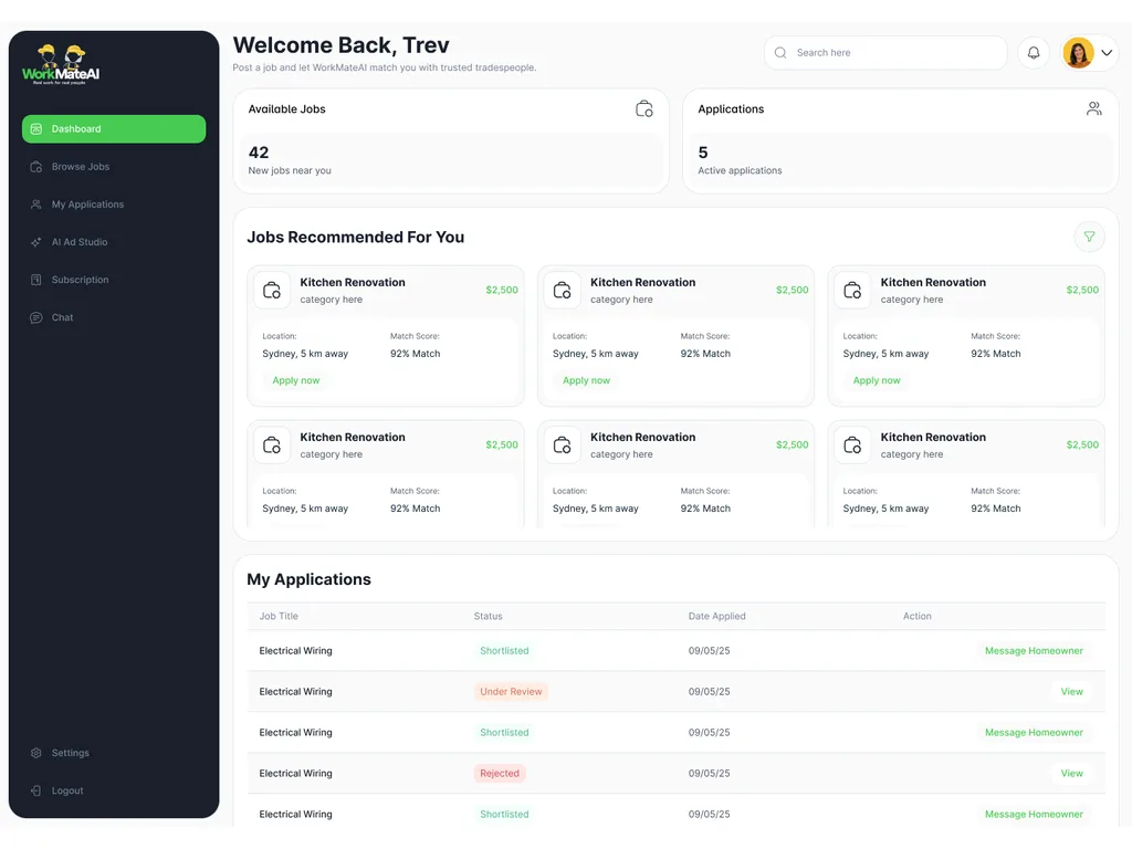 WorkMateAI tradesperson dashboard with recommended jobs and match scores