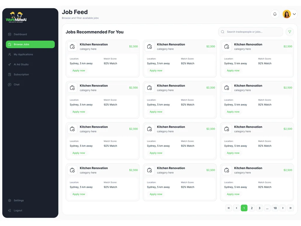 WorkMateAI job feed with location and AI match score per job